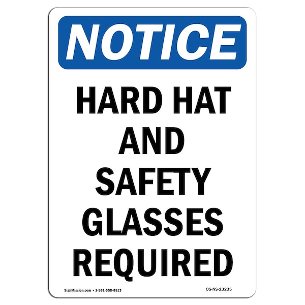 OSHA Sign, Hard Hat And Glasses Required, 5in X 3.5in Decal, 10PK, 3.5" W, 5" H, Portrait, PK10